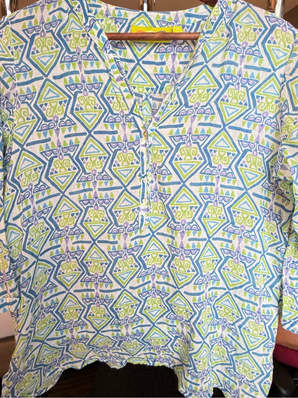 Rock Flower Paper Size S 100% Cotton Geometric Print Tunic Top Blue Green Purple